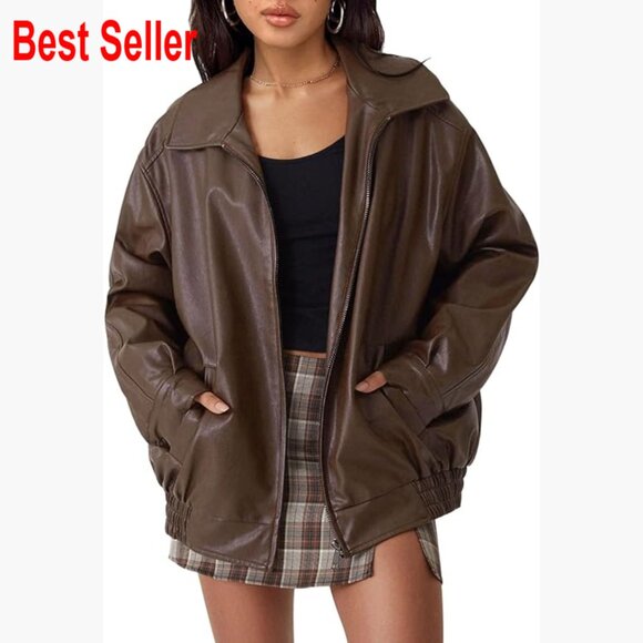 Oversized Faux Leather Motorcycle Jacket with Zipper Closure